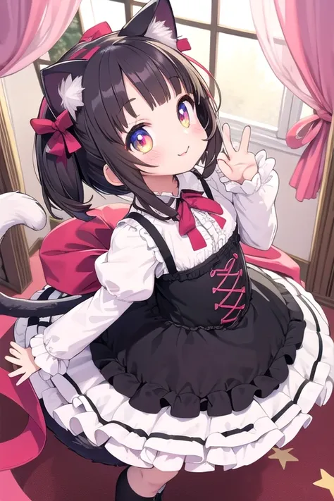 One girl,Cat girl,Animal ears,tail,Looking up at the viewer,Very close,A big smile,Your eyes are sparkling,Gothic Lolita,Lots of frills,Colorful cute room,Heart Items,Lots of ribbons,Are standing,whole body,Hearts are flying everywhere