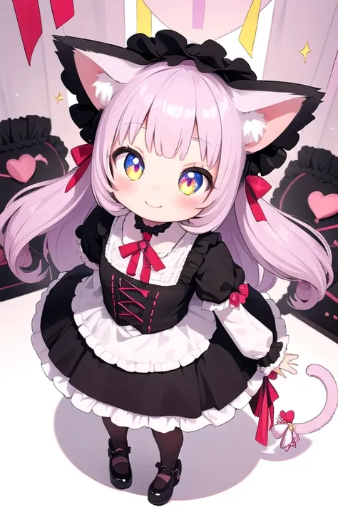 One girl,Cat girl,Animal ears,tail,Looking up at the viewer,Very close,A big smile,Your eyes are sparkling,Gothic Lolita,Lots of frills,Colorful cute room,Heart Items,Lots of ribbons,Are standing,whole body,Hearts are flying everywhere