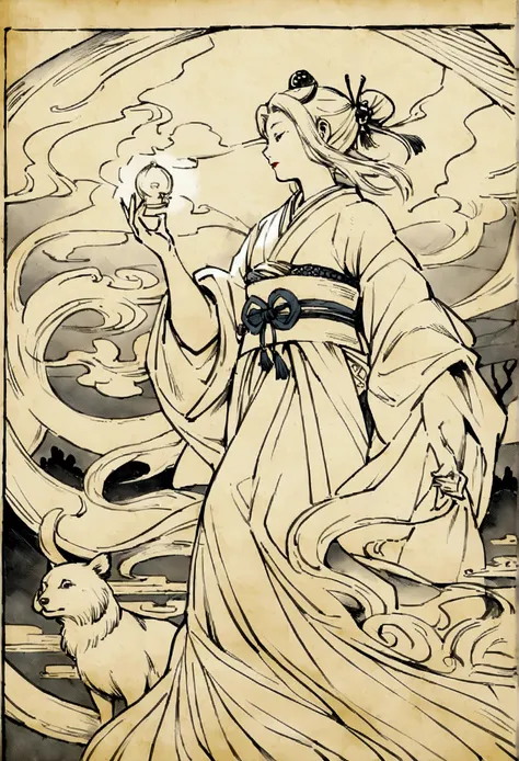 Edo period Ukiyo-e style,Line art,animal,woman