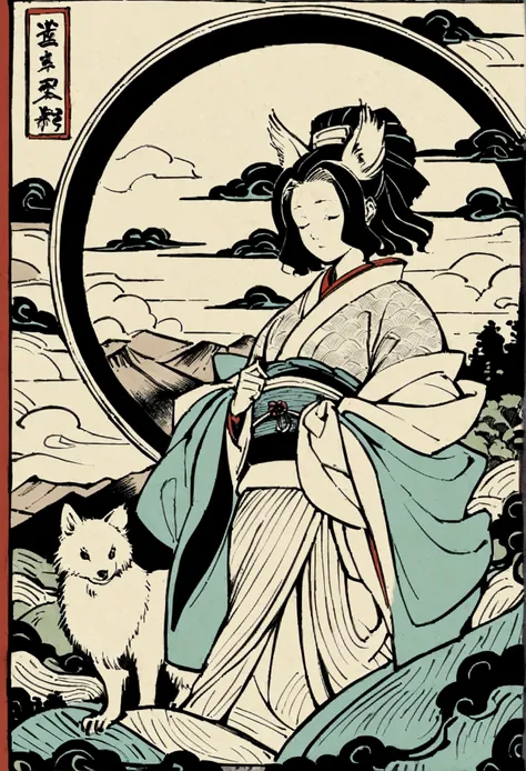 Edo period Ukiyo-e style,Line art,animal,woman