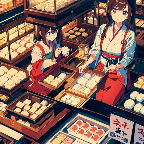 the trading counter is a close-up, japanese mochi cakes are on the counter.