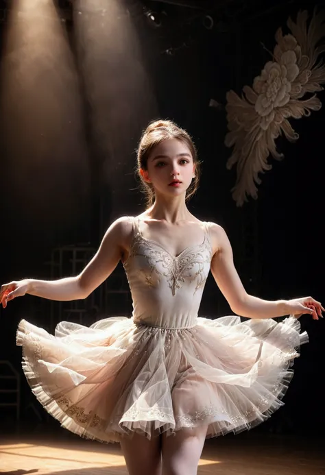 1girl, Dancer, a stunning ballerina dancing gracefully on stage, beautiful detailed eyes, beautiful detailed lips, extremely detailed face and body, long eyelashes, elegant ballet pose, white tutu dress, pointe shoes, flowing hair, dramatic lighting, drama...