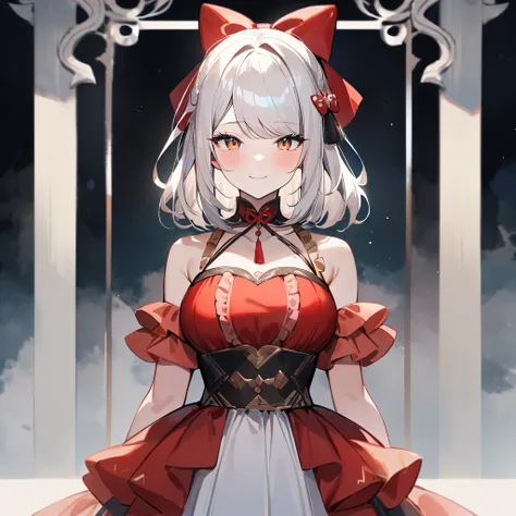 1girl,独奏,White hair,Blue and red, swept bangs,straight-on,medium hair,big breast,masterpiece, best quality,very aesthetic,absurdres,(hair bow),(Low brightness),(frill dress),(red),(light smile),Watercolor