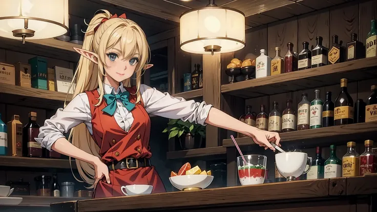 An elf bartender illustrated in a Japanese anime style, making a cocktail with a confident and cheerful expression. She has long, pointed ears and elegantly styled hair. She is dressed in a stylish bartender outfit with a crisp shirt, vest, and bow tie. Th...