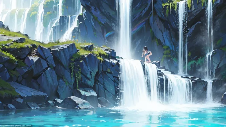 The cascading waterfall plummeted into a crystal-clear pool, creating a mesmerizing display of power and beauty、1 girl