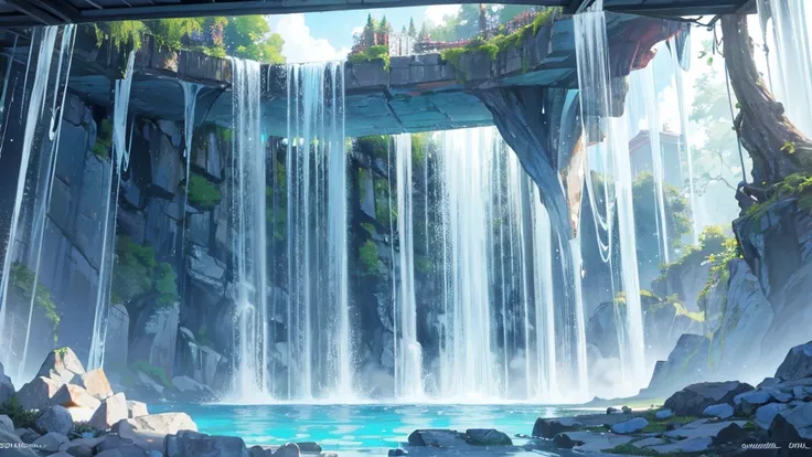 The cascading waterfall plummeted into a crystal-clear pool, creating a mesmerizing display of power and beauty、1 girl