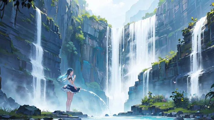 The cascading waterfall plummeted into a crystal-clear pool, creating a mesmerizing display of power and beauty、1 girl