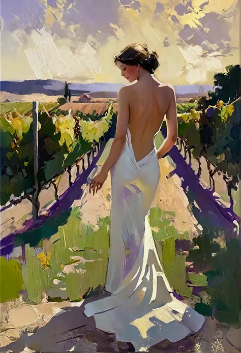 Image of a sensuous figure inspired by classical nudes, portrayed in a lush oil painting style with dynamic, rich strokes and a palpable thickness of paint evoking a sense of movement, set against a beautifully rendered vineyard bathed in golden sunlight. ...