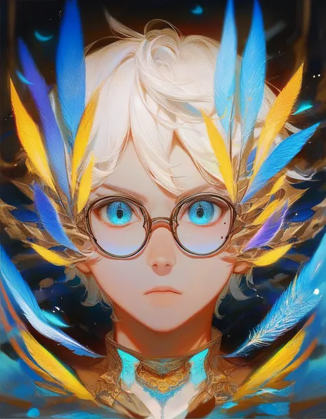 (score_9, score_8_up, score_7_up), zPDXL, 1 boy, alone, looking at viewer, simple warm colored background, neon blue eyes, close-up, short hair, white hair, broken glasses, lenses, neon blue feathers falling, serious look, determination, dark aura, front v...