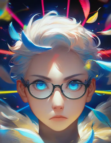 (score_9, score_8_up, score_7_up), zPDXL, 1 boy, alone, looking at viewer, simple warm colored background, neon blue eyes, close-up, short hair, white hair, broken glasses, lenses, neon blue feathers falling, serious look, determination, dark aura, front v...