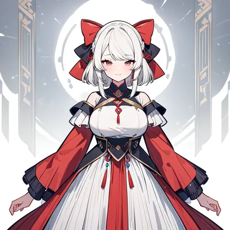 1girl,独奏,White hair,Blue and red, swept bangs,straight-on,medium hair,big breast,masterpiece, best quality,very aesthetic,absurdres,(hair bow),(Low brightness),(frill dress),(red),(light smile),Line art