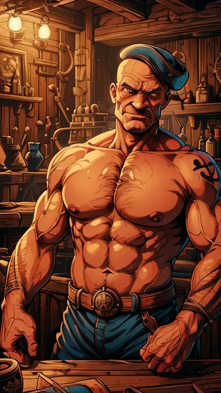 (1man, Popeye the sailor man), (extremely detailed CG unit 8k wallpaper),(master part), (best quality), (ultra detail), (best illustration),(style of Dan Mumford), cowboy shot, (Sharp eyeliner, ombre, detail eyes:1), dark tavern interiors background, ,brea...