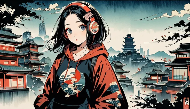 (((Ink Painting))), (((cyber city))), (((1 girl))), (((whole body))), (((Very flashy hair accessories))), (((Very flashy makeup))), Japanese style headphones, Japanese pattern hoodie, Put on the hood, Put your hands in your pockets, Japan人の美女, Black Hair, ...