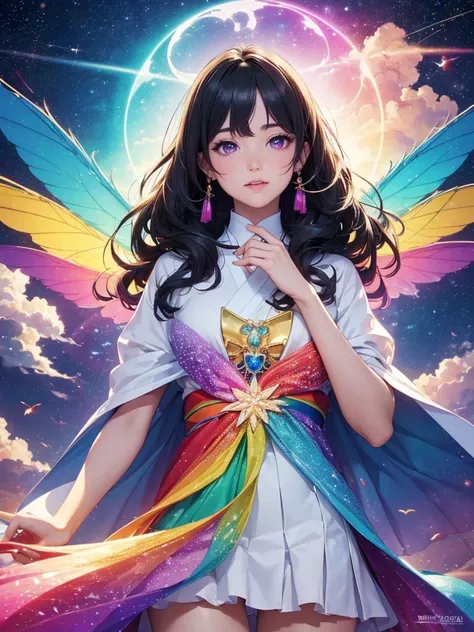 (best quality,4k,8k,highres,masterpiece:1.2),ultra-detailed,beautiful double Rainbows Sky(realistic,photorealistic,photo-realistic:1.37),beautiful illustration,fairy,rainbow-colored,transparent bird wings,blessing,delicate facial features,magical aura,floa...