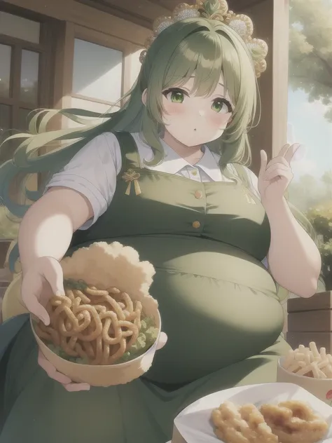 (masterpiece)､(Highest quality),  (High Resolution)､Intricate details,
One girl,    Green Hair,Chubby､obesity,McDonald&#39;s uniform、Super big breasts、Big Ass、Narrow waist、