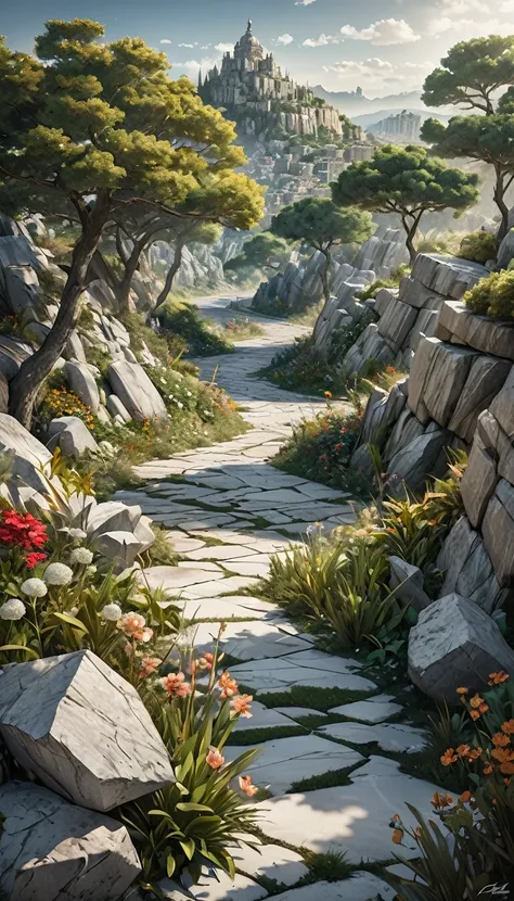 seamless image fusion, colorless world of stone, granite and marble combine to create a land where flora and fauna and cities have turned into limestone, soil and dust blown by the wind, brilliant effects, shading effects, gradation magic effects, (ultra d...