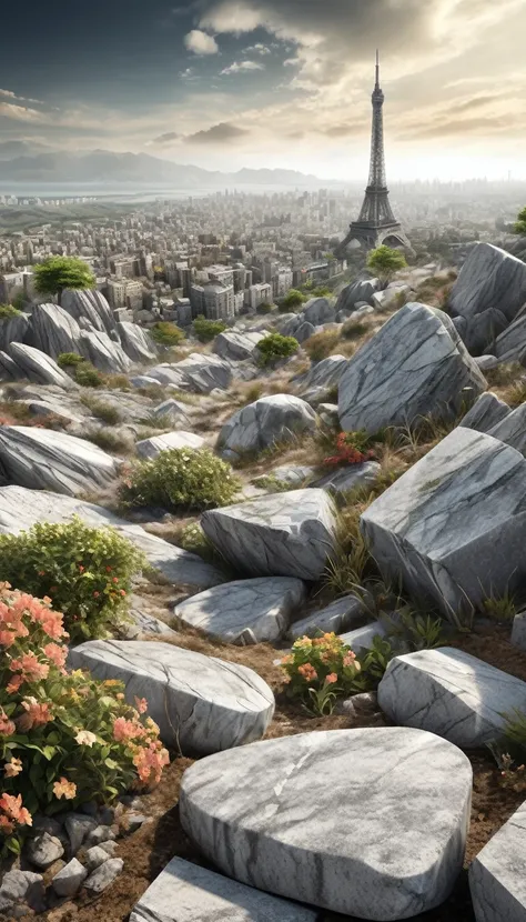 seamless image fusion, colorless world of stone, granite and marble combine to create a land where flora and fauna and cities have turned into limestone, soil and dust blown by the wind, brilliant effects, shading effects, gradation magic effects, (ultra d...