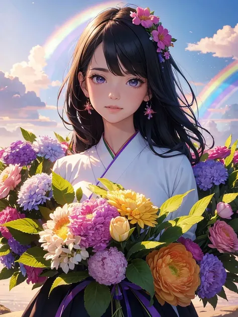 (best quality,4k,8k,highres,masterpiece:1.2),ultra-detailed,beautiful double Rainbows Sky(realistic,photorealistic,photo-realistic:1.37),beautiful illustration,fairy,rainbow-colored,transparent bird wings,blessing,delicate facial features,magical aura,floa...