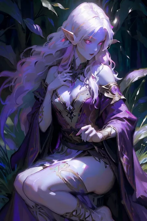 ((ultra realistic illustration:1.2)),(dark fantasy:1.4), In a mystical forest. Beautiful Elven mage. Wild (magenta hair), violet eyes, ((very pale:1.4)), beautifully fit figure, small perky breasts. (tribal war paint), long dress, bare feet .Masterpiece, (...