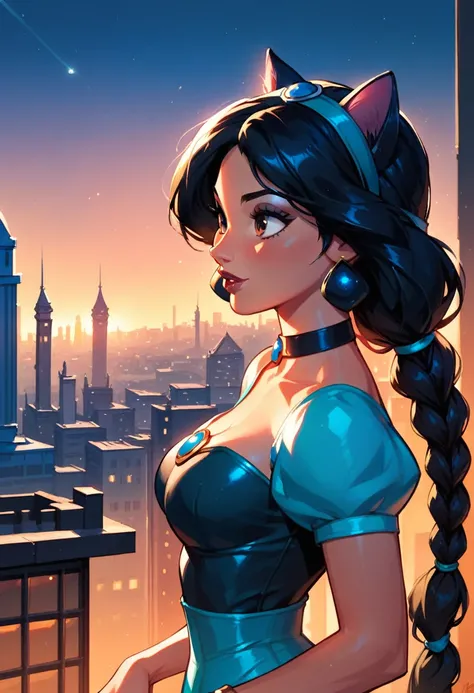 score_9, score_8_up, score_7_up, score_6_up, 1girl, solo, (Disneys Princess Jasmine, black hair, braid:1.3), wearing (Marvels Black Cat suit:1.2), (three quartershot:1.1), city rooftop, night, cinematic lighting.