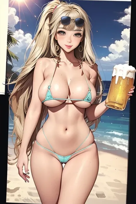 ((masterpiece)),(((Highest quality))),((Very detailed,live-action,Real Peace,)),Dynamic Angle, One girl,alone,Large Breasts,Light blue thin tube top,((sunglasses)),necklace,Earrings,((Perfect cleavage:1.8,Micro bikini that pushes your breasts together)),Th...