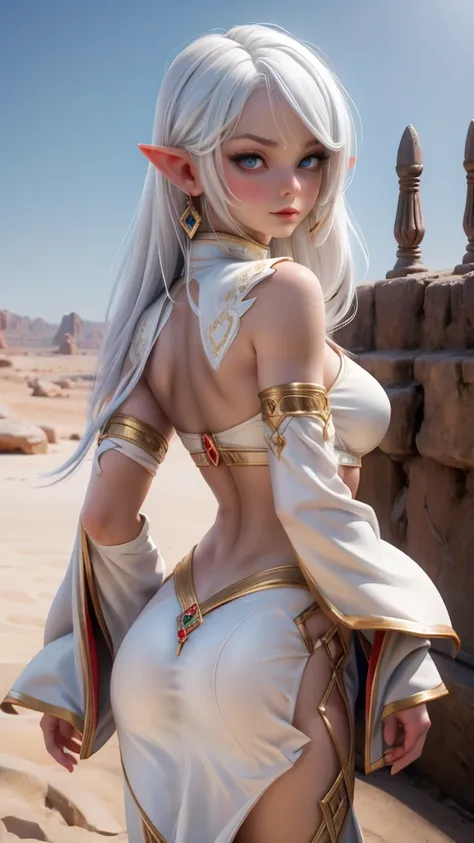 Ariel, upper body portrait, elf, white hair, beautiful, cute arabian clothes, warrior, midriff, fit, white hair, rear view looking back, desert background, realistic fantasy ,concept art