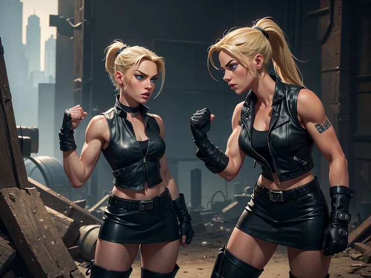 (((Full-length shot))).Two girls,catfights,muscular build and medium breasts .., wears an open black leather vest.., black leather gloves, a short skirt and heavy boots. She has a punk rock look and blonde hair pulled back into a ponytail.Hyper-realistic c...