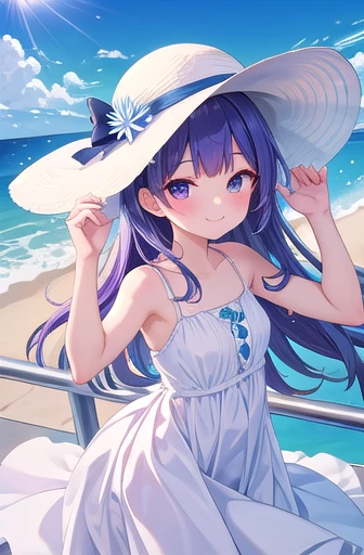 Absurd, One girl, Ocean, handrail, White Dress, Sun hat, smile, (Realistic:0.75), (wave hands:0.9),