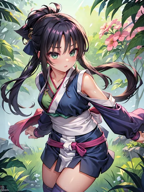 (Kunoichi in the late teens (only one person)), tying maroon hair to a ponytail with a light green ribbon, big black eyes with slightly raised corners of the eyes, Lips ARE colled pink an beautiful, beautiful, fingertip indigo long gloves, light purple kne...