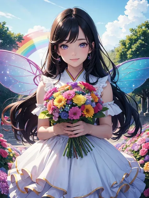 (best quality,4k,8k,highres,masterpiece:1.2),ultra-detailed,beautiful double Rainbows Sky(realistic,photorealistic,photo-realistic:1.37),beautiful illustration,fairy,  smile, rainbow-colored,transparent bird wings,blessing,delicate facial features,magical ...