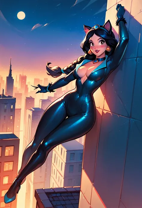 score_9, score_8_up, score_7_up, score_6_up, 1girl, solo, (Disneys Princess Jasmine, black hair, braid:1.3), wearing (Marvels Black Cat suit, full body suit, cleavage:1.2), (three quartershot:1.1), city rooftop, night, cinematic lighting.