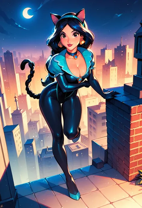 score_9, score_8_up, score_7_up, score_6_up, 1girl, solo, (Disneys Princess Jasmine, black hair, braid:1.3), wearing (Marvels Black Cat suit, full body suit, cleavage:1.2), (three quartershot:1.1), city rooftop, night, cinematic lighting.