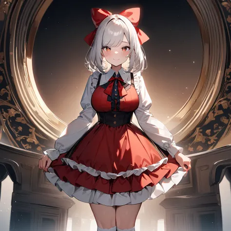 1girl,Solo,White hair,Blue and red, swept bangs,straight-on,medium hair,big breast,masterpiece, best quality,very aesthetic,absurdres,(hair bow),(Low brightness),(frill dress),(red),(light smile),(bow:1.4),(White over-kneehighs)