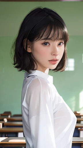 masterpiece, Highest quality, (Raw photo:1.3), Realistic, Upper body photo, Beautiful adult woman, Short black hair, A clean, symmetrical face, (White shirt, Small breasts:1.4), Intellectual, Neat and clean female teacher, classroom, blackboard