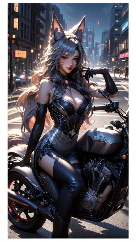 best quality, masterpiece, Ultra-high resolution, future technology, (Photo real scene: 1.4), Fair_Face, Twenty-five-year-old oriental fox girl, Bright Eyes, Cleavage, Long silver hair above the waist, Wear tights, Sitting on a heavy motorcycle, en route, ...