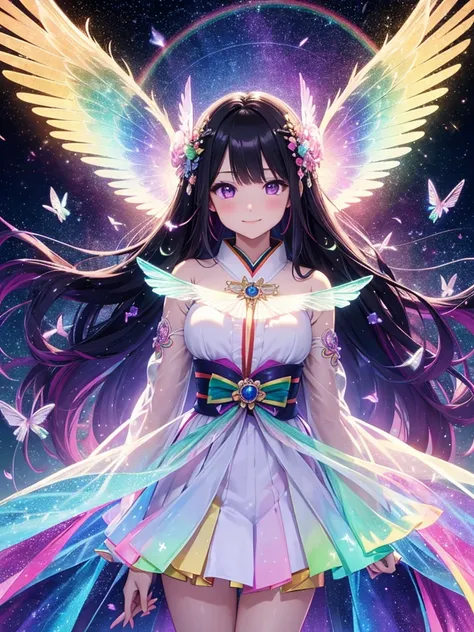 beautiful double Rainbows Sky, fairy, smile, rainbow-colored, transparent bird wings, blessing, delicate facial features, magical aura, floating in mid-air, feminine Japanese long black hair and purple eyes ethereal, sparkling furisode, vibrant colors, sof...