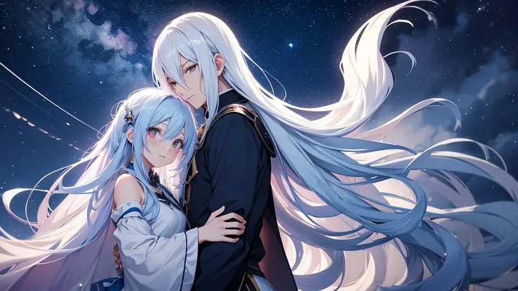 4K anime girl long white hair girl and the blue haired man They were embracing each other under the shining moonlight. Surrounded by stars and shooting stars Sharp images at Full HD 8K level, sharp details, beautiful images.