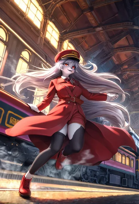 a kemono wolf woman, train driver, long flowing hair, wearing a red train drivers hat, red coat, black overalls, white gloves, black stockings, red shoes, controlling a steam train, happy, highly detailed,HDR, 8k, masterpiece, intricate details, dynamic li...