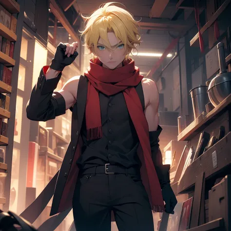 (26 years old), (male), Yellow hair, (Blue eyes), (whisker mark), (wavy hair), red scarf, red vest, sleeveless, black pants, black gloves, slim, up to legs