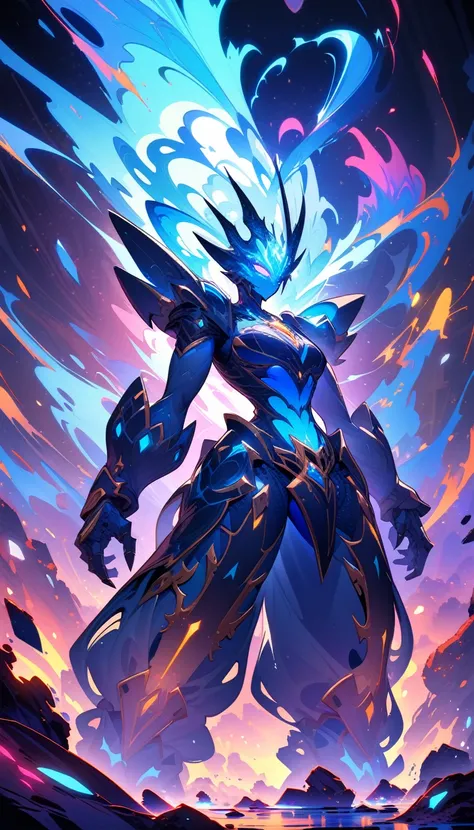 ((best quality)) , ((masterpiece)) , (detailed)，A league of legends splash art of an giant robot, blue glowing eyes, stone skin with blue details and magic essence flowing in it, rocky environment,Abstract style,opulent . Non-representational, colors and s...