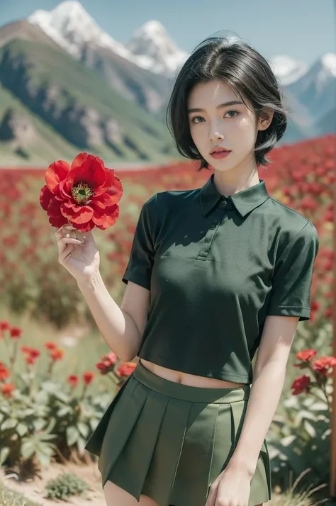 (((best quality))),(((ultra detailed))),(((masterpiece))),illustration,((1 beautiful girl,tomboy,solo)),(short black hair:1.3),((slim,thin)),((small breasts,thin)), vigorous, confident, (light green collared short-sleeved shirt:1.3), (dark green mini skirt...