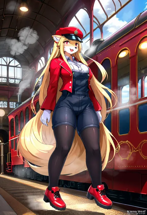 a kemono wolf woman, train driver, long flowing hair, wearing a red train drivers hat, red coat, black overalls, white gloves, black stockings, red shoes, controlling a steam train, happy, highly detailed,HDR, 8k, masterpiece, intricate details, dynamic li...