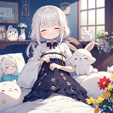 One Girl, Small stuffed rabbit, Costumes, albino, close your eyes, :3, Sleeping Peace, Marshmallow bed、Heartwarming、yurukawa、kind、fluffy、