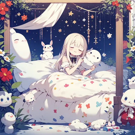 One Girl, Small stuffed rabbit, Costumes, albino, close your eyes, :3, Sleeping Peace, Marshmallow bed、Heartwarming、yurukawa、kind、fluffy、