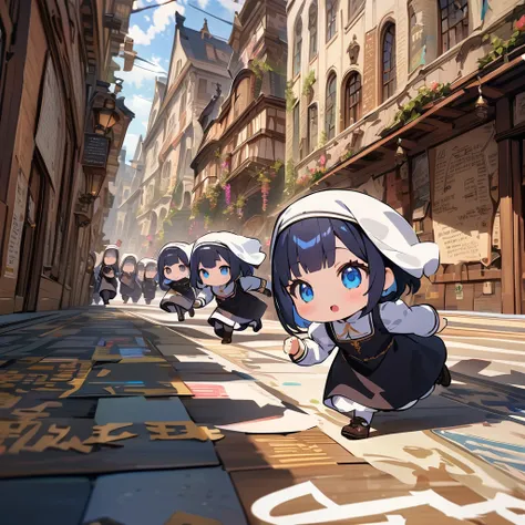 Chibi, nuns running together, detailed background, detailed writing, 4k, UHD, absurd, ultra quality, masterpiece,