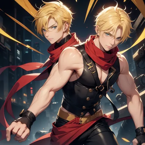 (26 years old), (male), Yellow hair, (Blue eyes), (whisker mark), (wavy Short hair), ((Ear Piercing)), red scarf, red vest, sleeveless, black pants, black gloves, Athletic body, up to legs