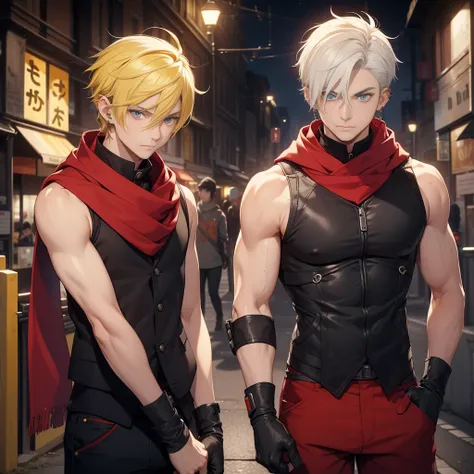 (26 years old), (male), Yellow hair, (Blue eyes), (whisker mark), (wavy Short hair), ((Ear Piercing)), red scarf, red vest, sleeveless, black pants, black gloves, Athletic body, up to legs