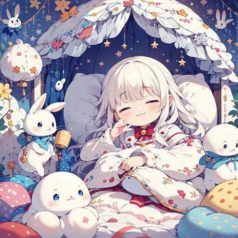 One Girl, Small stuffed rabbit, Costumes, albino, close your eyes, :3, Sleeping Peace, Marshmallow bed、Heartwarming、yurukawa、kind、fluffy、