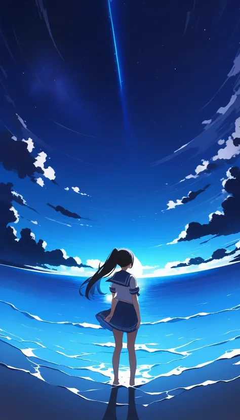 masterpiece, Highest quality,Ultra-detailed backgrounds、Sea and beach、Night Sky、star、cloud、赤いstarcloud、流れstar、One girl, Long Hair, Black Hair、ponytail、Back view、Sailor suit、Blue sailor collar、look up, Full body portrait、Wide angle、Zoomed out