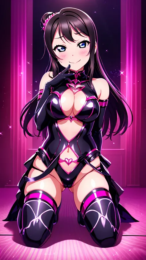 night、lovelive　Kurosawa Diamond、Black Background、Evil background、Hotel Bedroom、Sensual pink light、A shiny pink rubber suit that wraps around the body、Upper Body、tall、Black long gloves、Upper Body、Evil female warrior、Fantasy、Condescending smile、Fallen into e...